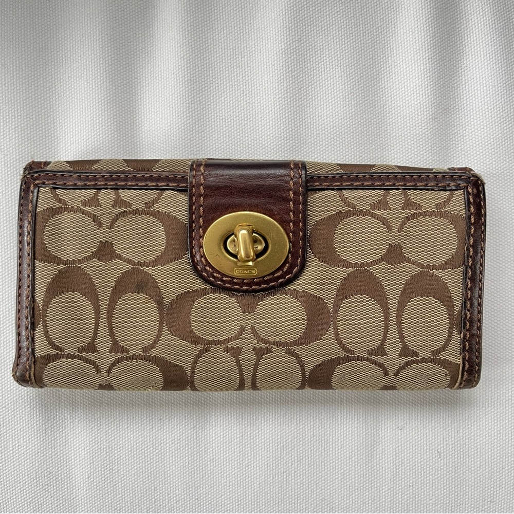 Coach Signature Print Canvas Leather Trim Brown Turnlock Long Fold Wallet